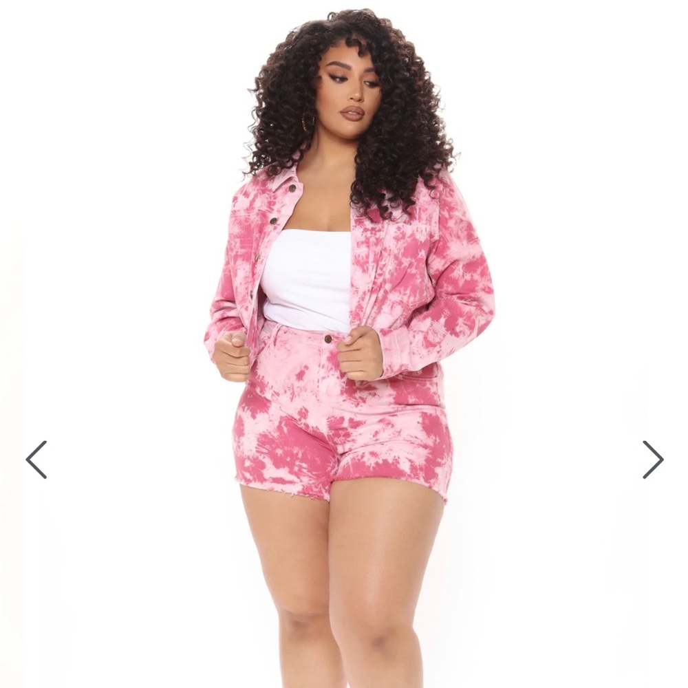 Fashion Nova 2 piece pink tie dye denim short set
